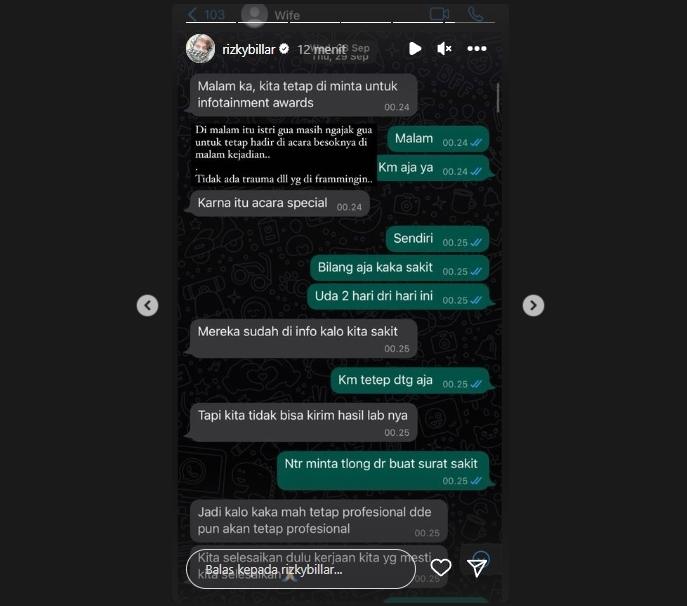 Rizky Billar unggah chat Lesti Kejora. (Instagram/@rizkybillar)