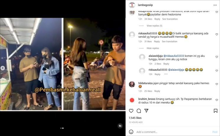 Kaesang Pangarep dan Erina Gudono jajan di pinggir jalan. (Instagram/@lambegosiip)