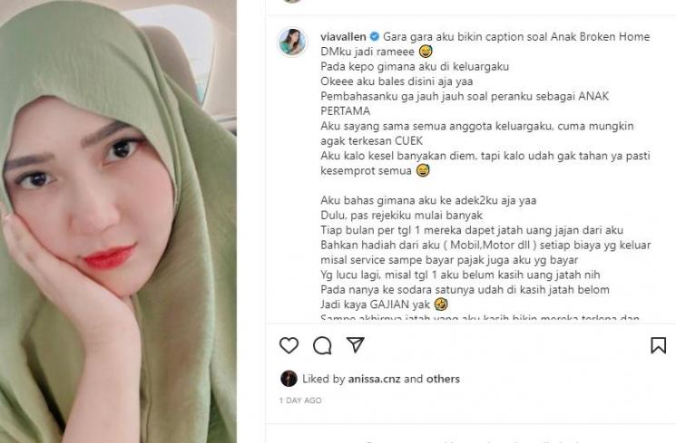 Curhatan Via Vallen Jadi Anak Pertama. (Instagram/viavallen)