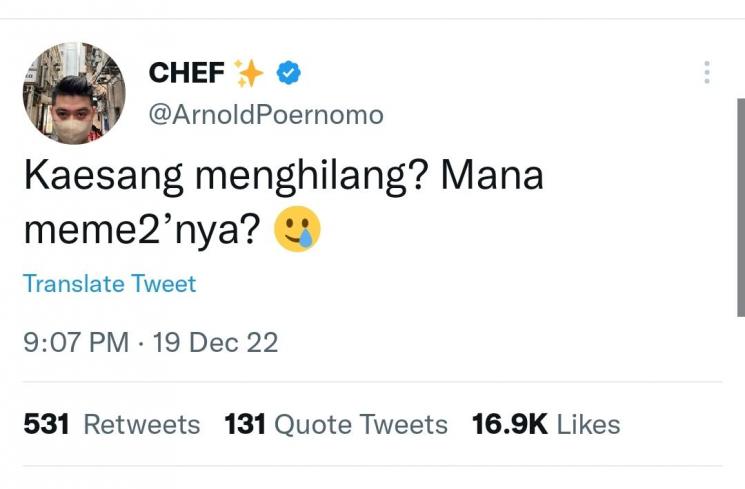 Chef Arnold tanyakan kehadiran Kaesang Pangarep (Twitter/@ArnoldPoernomo)