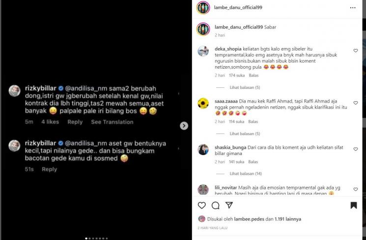 Rizky Billar balas komentar hate [Instagram/lambe_danu_official99]
