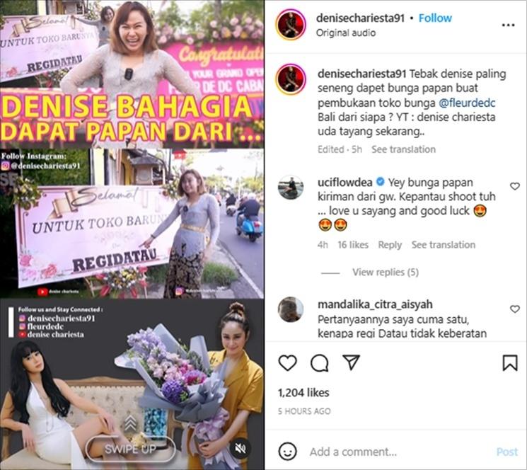 Denise Chariesta pamer dapat papan bunga dari Regidatau. (instagram/@denisechariesta91)