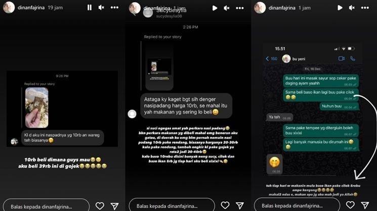Istri Doni Salmanan, Dinan Fajrina, baru tahu ada nasi padang Rp10 ribuan. (Instagram/@dinanfajrina)