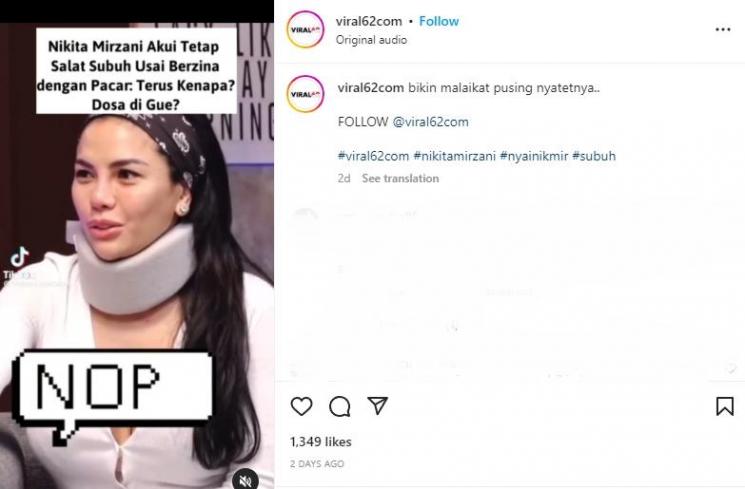 Nikita Mirzani Salat Subuh usai Berzina. (Instagram/viral62com)