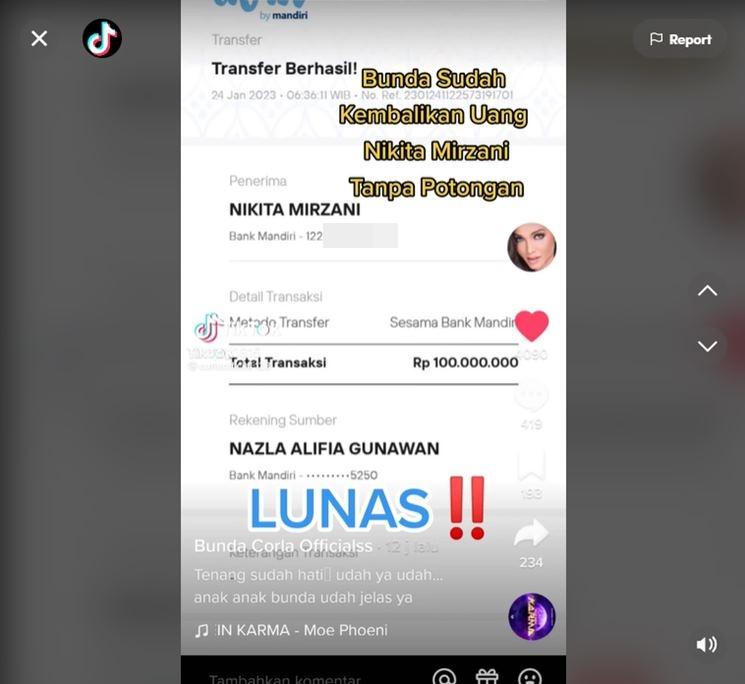 Bukti transfer Bunda Corla ke Nikita Mirzani. (TikTok)