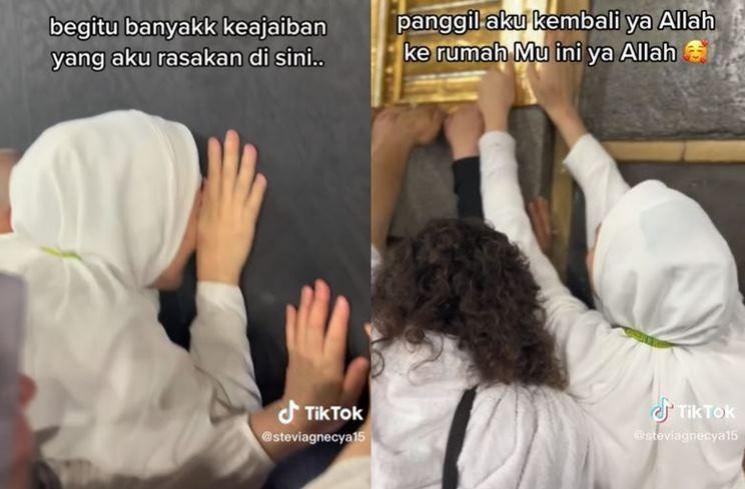 Momen Stevie Agnecya cium Kabah saat umrah. (TikTok/@steviagnecya15)