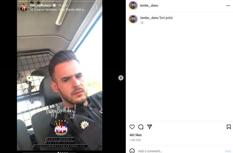 Pacar bule Nikita Mirzani, Antonio Dedola, pakai seragam polisi. (Instagram/@lambe__danu)