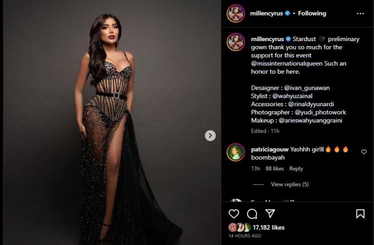 Millen Cyrus Pakai Gaun Seksi Rancangan Ivan Gunawan. (Instagram/millencyrus)