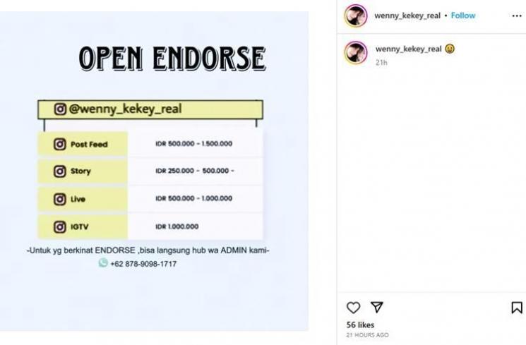Wenny Ariani buka endorse. (Instagram/@wenny_kekey_real)
