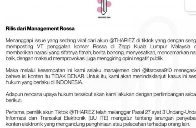 Rossa putuskan tempuh jalur hukum. (Instagram @itsrossa910)