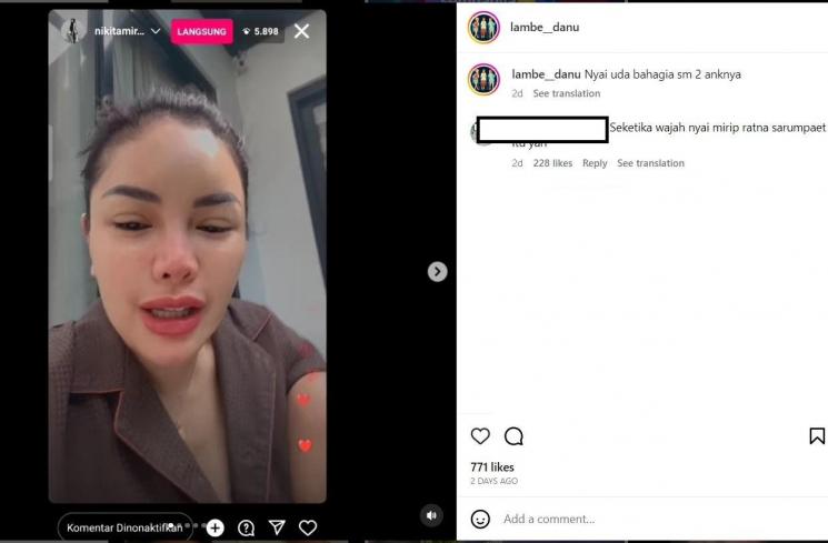 Nikita Mirzani saat live di media sosial. (Instagram nikitamirzanimawardi_172)