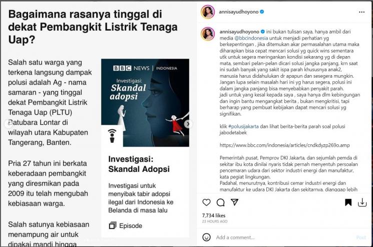 Annisa Pohan mengungkap permasalahan polusi udara di Indonesia. (Instagram/ annisayudhoyono)
