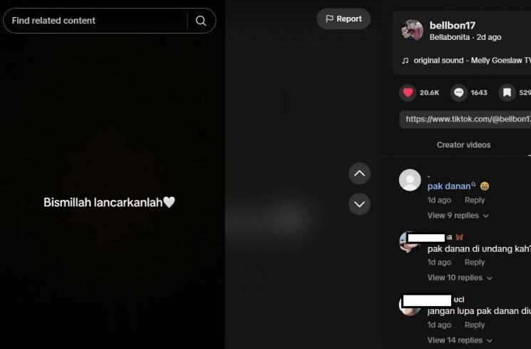 Akun TikTok Bella Bonita ramai dikomentari soal Pak Danan. (TikTok bellbon17)