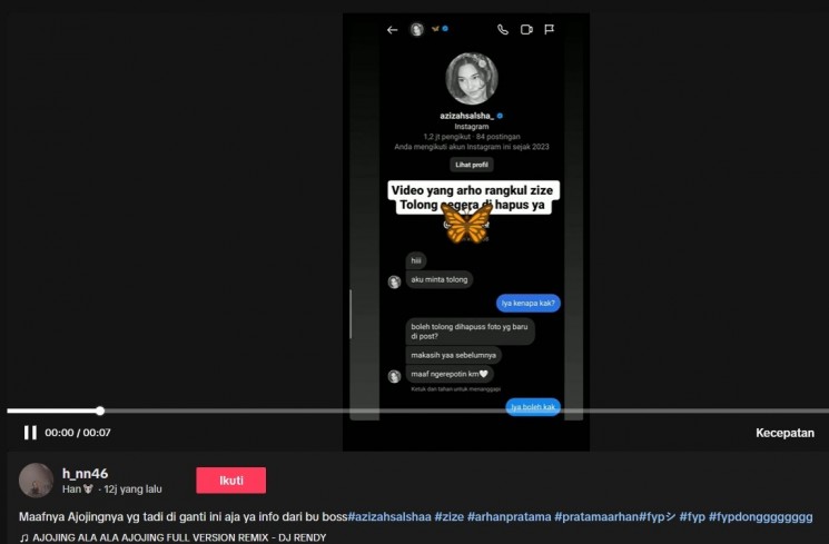 Azizah Salsha minta foto dengan Arhan dihapus (tiktok)