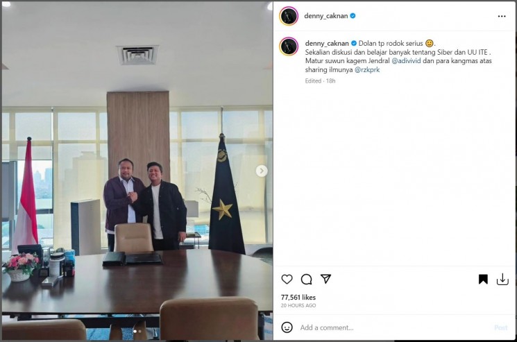 Denny Caknan bahas UU ITE bersama petinggi Polri. (Instagram/ denny_caknan)