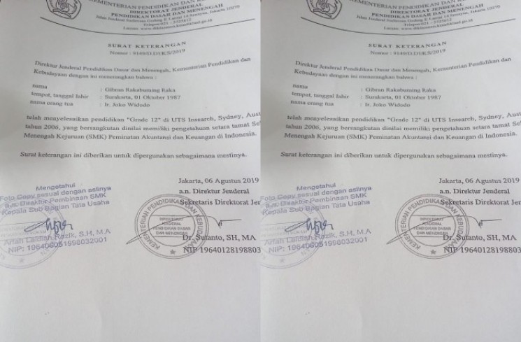 Jelang kampanye Pilpres 2024, surat keterangan lulus Gibran Rakabuming tersebar. Dalam surat tersebut menyebut bahwa Gibran hanyalah lulusan SMK saja