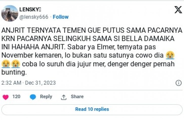 Bella Damaika diduga selingkuhi Elmer Syaherman, suami Ira Nandha (Twitter/X @lensky666)