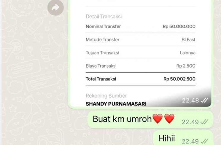 Ira Nandha ditransfer uang oleh Shandy Purnamasari (Instagram/@iranndha)