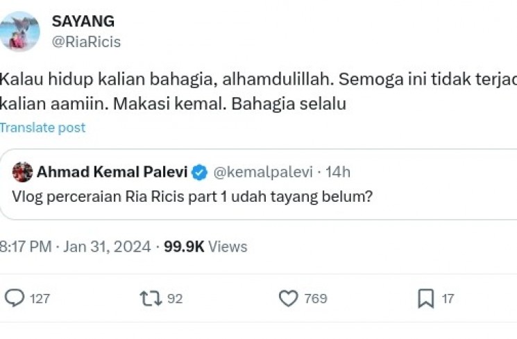 Reaksi Ria Ricis membalas cuitan Kemal Palevi (X/@RiaRicis)