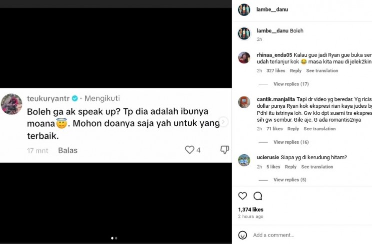 Komentar Teuku Ryan (Instagram)