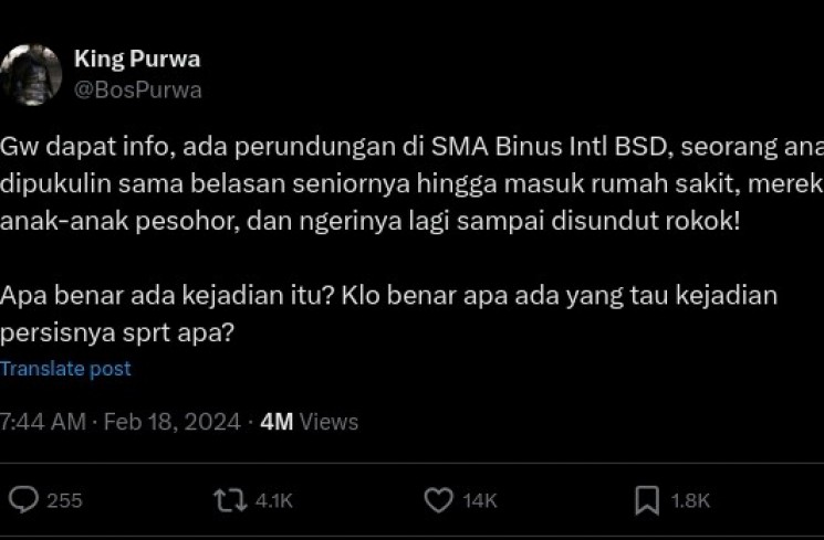 Anak Vincent Rompies terlibat perundungan di sekolah (X)