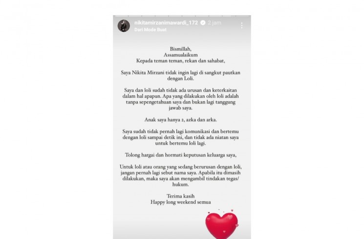 Pernyataan Nikita Mirzani di Insta Story nya.(Instagram/@nikitamirzanimawardi_172)