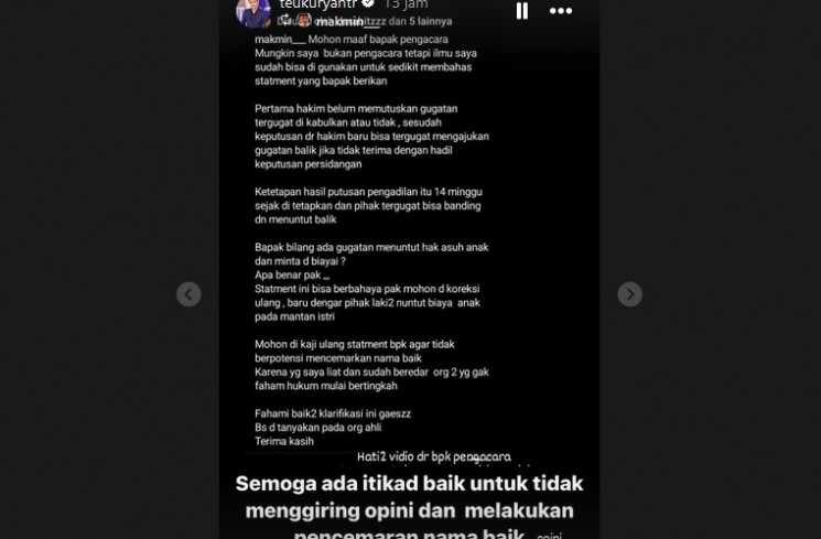 Pernyataan Teuku Ryan (instagram)