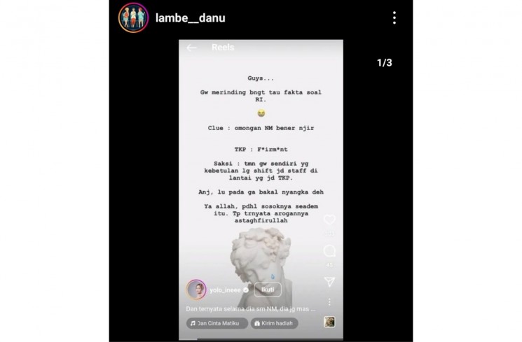 Unggahan Tentang Perilaku Minus Diduga Mantan Kekasih Nikita Mirzani.(Instagram/@lambe_danu)