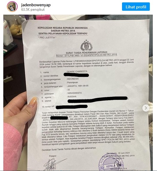 Surat Laporan Denise Chariesta (instagram)