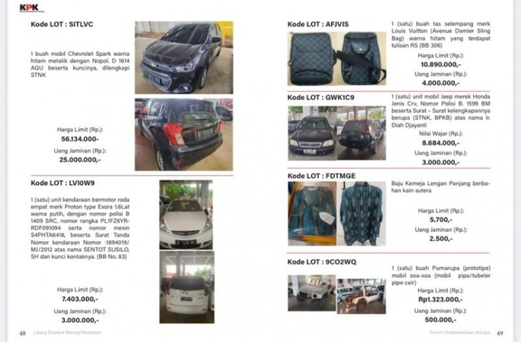 Sejumlah barang lelang Komisi Pemberantasan Korupsi dalam Katalog Lelang KPK Juni 2025 yang diakses dari Jakarta, Rabu (11/6/2025). ANTARA/HO-KPK
