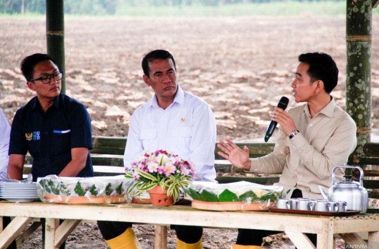 Vice President Gibran Rakabuming Raka (right) and Agriculture Minister Andi Amran Sulaiman (center) during a discussion with farmers in Glenmore Sub-district, Banyuwangi, East Java, on Monday (June 23, 2025). ANTARA/Novi Husdinariyanto

