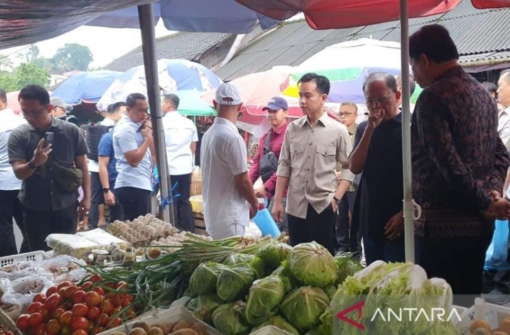 Wakil Presiden Republik Indonesia Gibran Rakabuming Raka melakukan blusukan di Pasar Tradisional Dauh Pala di Desa Dauh Peken, Kecamatan Tabanan, Kabupaten Tabanan, Bali, Sabtu (5/7/2025) untuk mengecek secara langsung harga bahan pokok. ANTARA/Pande Yudha

