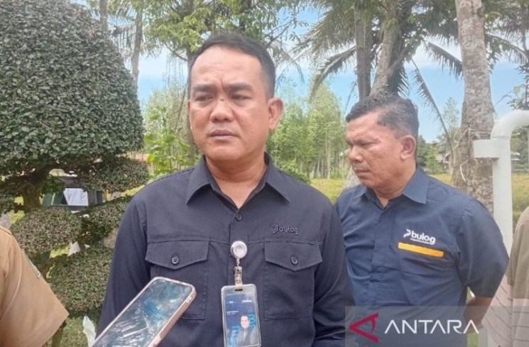 Pemimpin Wilayah Perum Bulog Sumatera Utara Budi Cahyanto memberikan keterangan di Kecamatan Stabat, Kabupaten Langkat, Sumut, Selasa (23/9/2025). ANTARA/M.Sahbainy Nasution.
