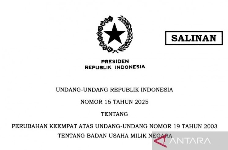 Tangkapan layar - Undang-Undang Nomor 16 Tahun 2025 tentang Badan Usaha Milik Negara (BUMN) yang mengubah tata kelola dan transformasi menjadi Badan Pengatur (BP) BUMN ditandatangani Presiden Prabowo Subianto di Jakarta Senin (6/10/2025). (ANTARA/HO-JDIH Setneg)
