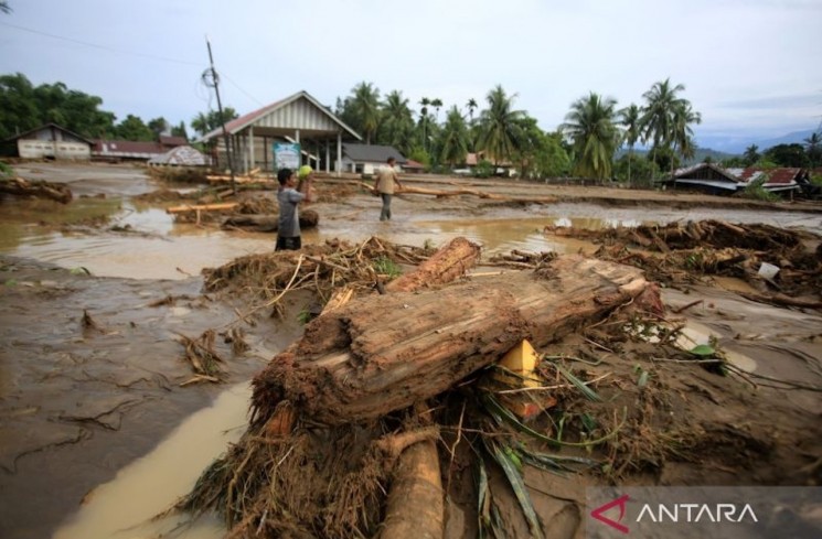 Warga menyaksikan sejumlah rumah rusak tertimbun lumpur dan sampah kayu pascabanjir bandang di Desa Manyang Cut, Kecamatan Mereudu, Kabupaten Pidie, Aceh, Kamis (27/11/2025). Gubernur Aceh Muzakir Manaf menetapkan status darurat bencana hidrometerologi setelah 16 kabupaten/kota di Aceh dilanda banjir hingga longsor, terhitung 28 November hingga 11 Desember 2025. ANTARA FOTO/Ampelsa/foc. (ANTARA FOTO/AMPELSA)
