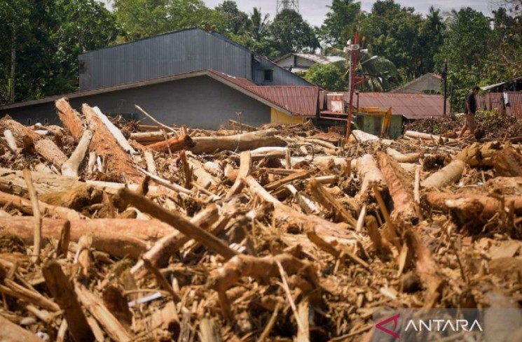 Warga melintas di antara tumpukan gelondongan kayu di permukiman di Tabiang Bandang Gadang, Nanggalo, Padang, Sumatera Barat, Selasa (9/12/2025). Gelondongan kayu yang terbawa banjir bandang sejak dua pekan lalu masih tersangkut di wilayah itu. ANTARA FOTO/Iggoy el Fitra/nz
