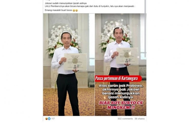 Unggahan yang menampilkan foto Jokowi tunjukan ijazahnya ke publik. Faktanya, foto tersebut merupakan hasi AI. (Facebook)
